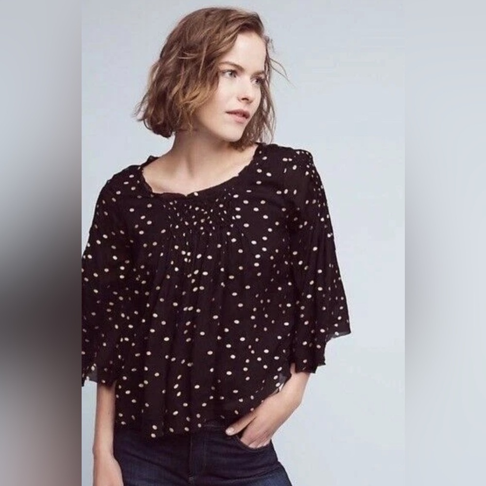 NWT Floreat Anthropologie Polka Dot Print Bell Sleeve Blouse Black & Gold Sz XS